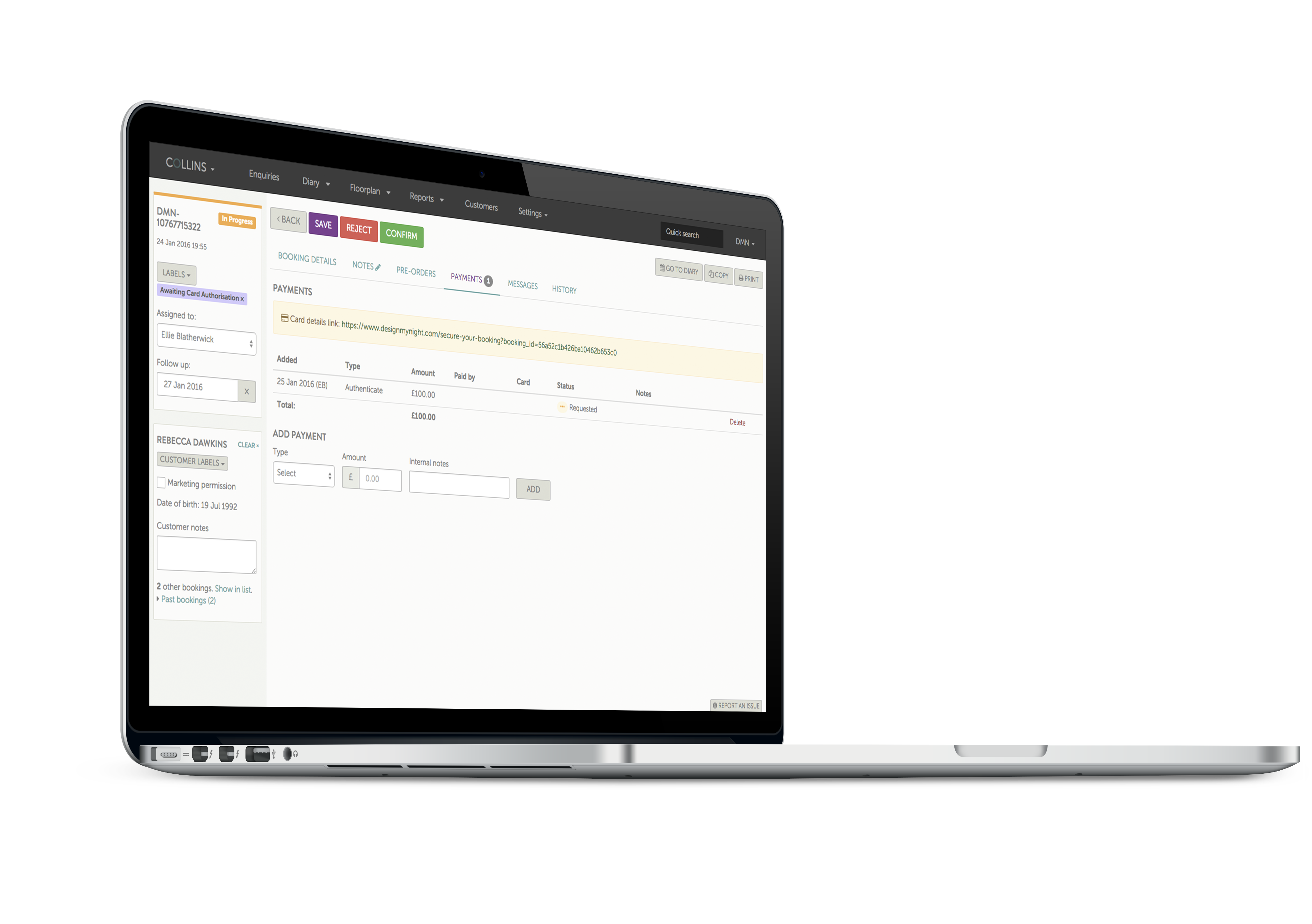 screenshot of Collins authorisation demonstrating the ability to take payment auth requests inside the Collins Bookings Software