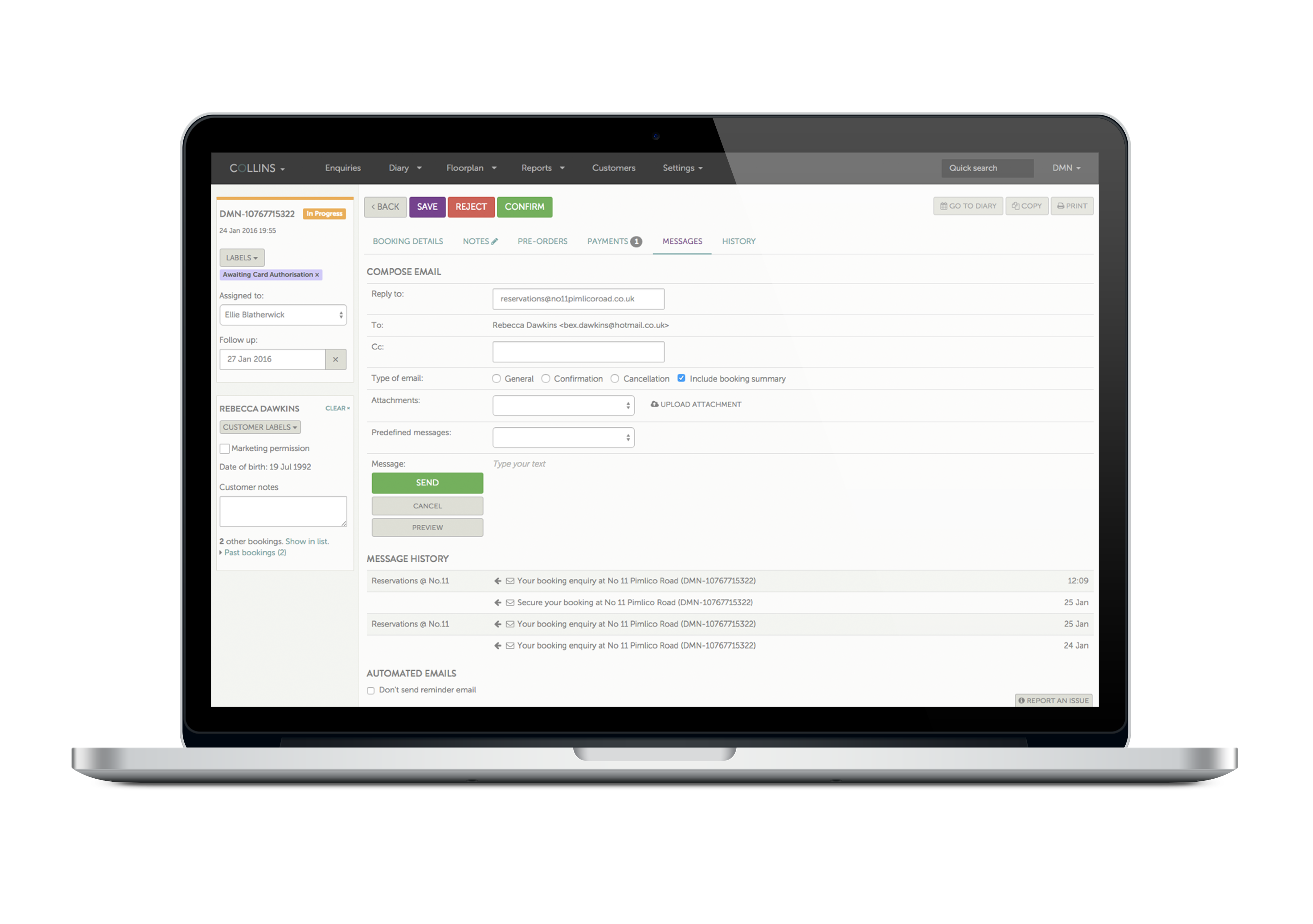 screenshot of Collins Mail showing all email history of a booking
