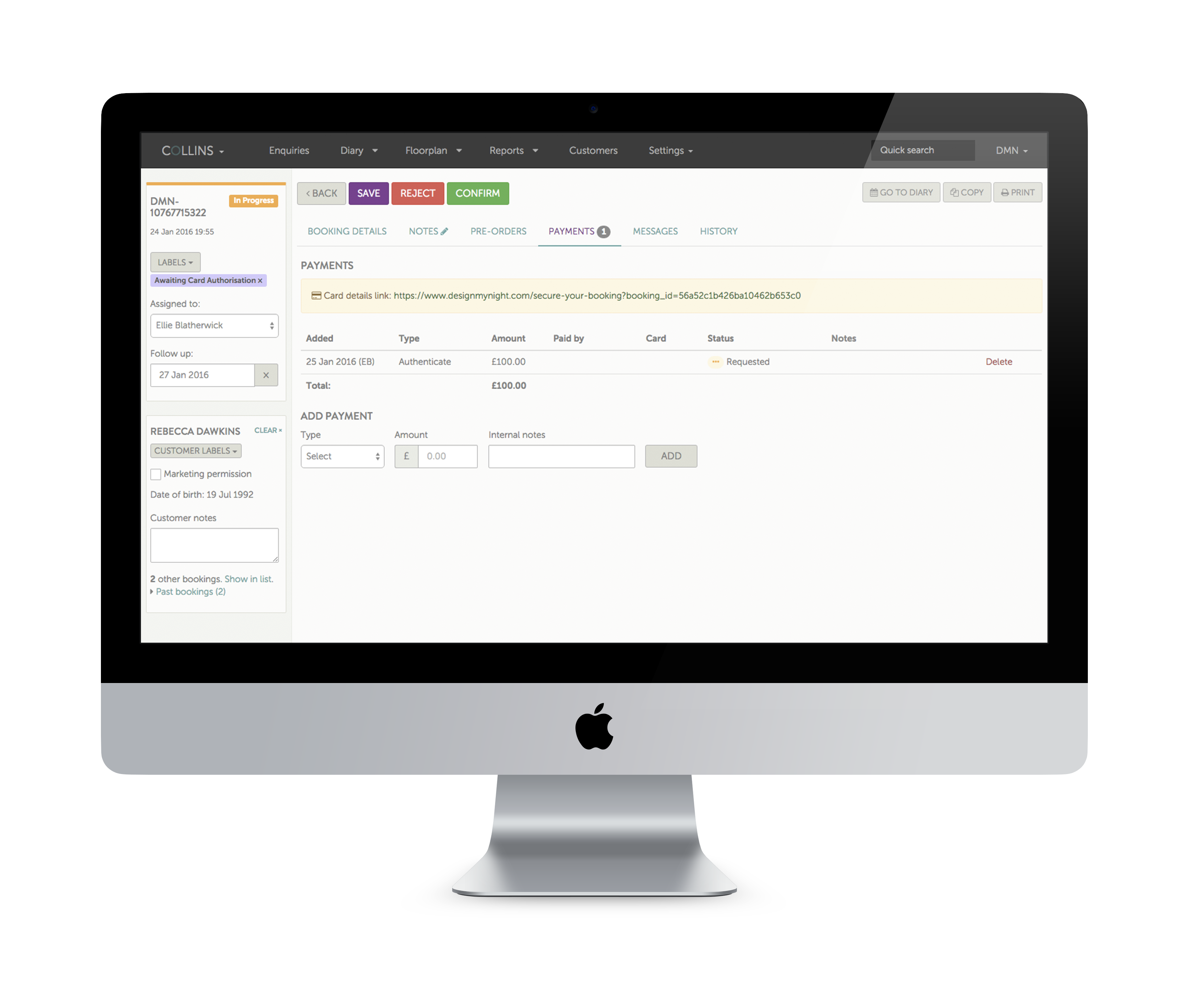 screenshot of Collins Payment history of a booking