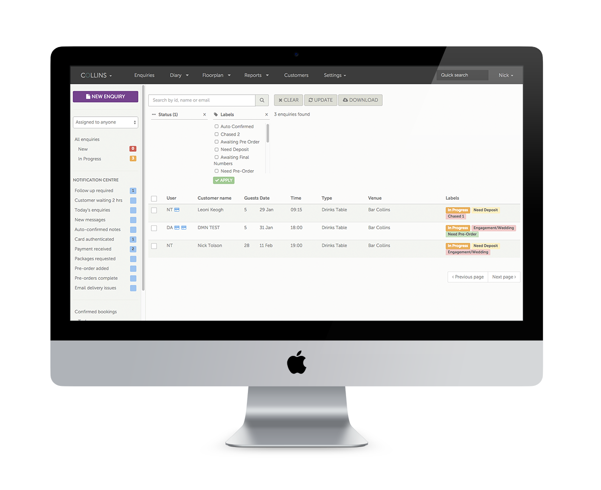 Image showing the use of filters on the booking enquiry screen in Collins