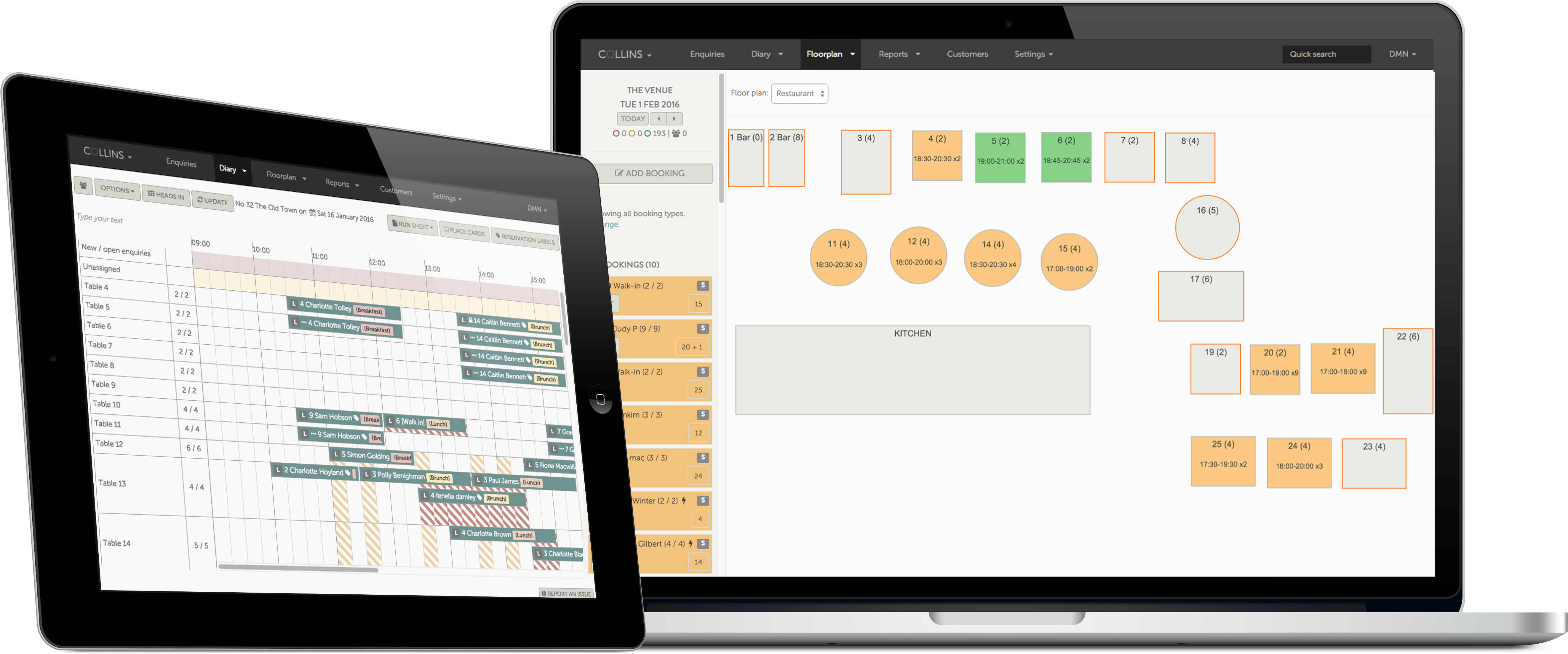 Screenshot of the bookings enquiry list and floorplan management in Collins